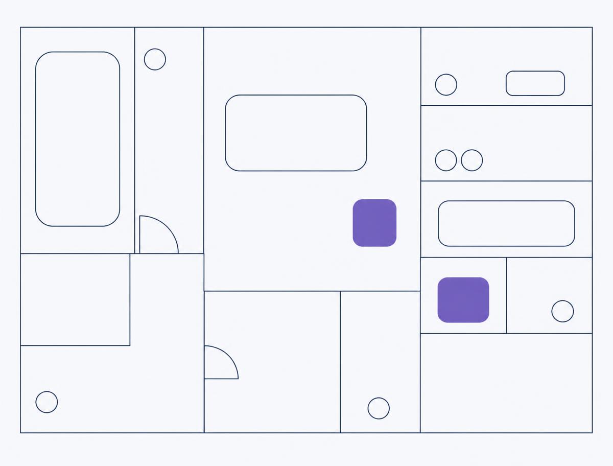 Abstract hairline plan of workplace rooms, pantry shelves and amenity spaces